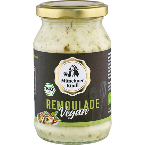 Vegane Remoulade in einem Glasbehälter, ideal als pflanzliche Alternative zu herkömmlicher Remoulade. Perfekt für Sandwiches, Salate und als Dip.