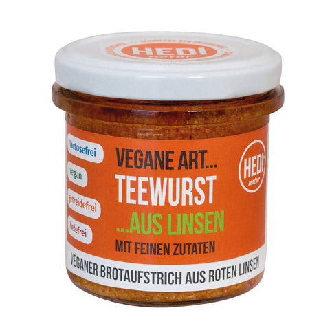 Vegane Teewurst aus Linsen in einer Glasverpackung, idealer pflanzlicher Brotaufstrich