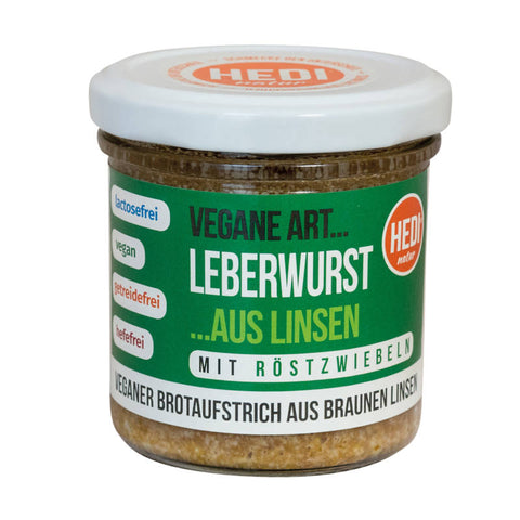 Vegane Leberwurst aus Linsen in einer Glasverpackung, ideal für pflanzliche Ernährung und als Aufstrich für Brot und Brötchen.